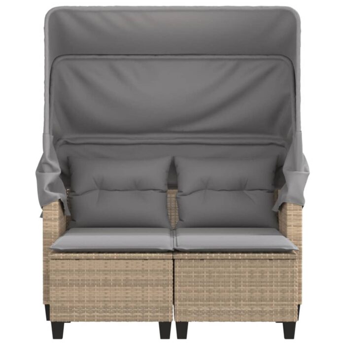 Canapé de jardin 2 places avec auvent et tabourets beige rotin – Image 3