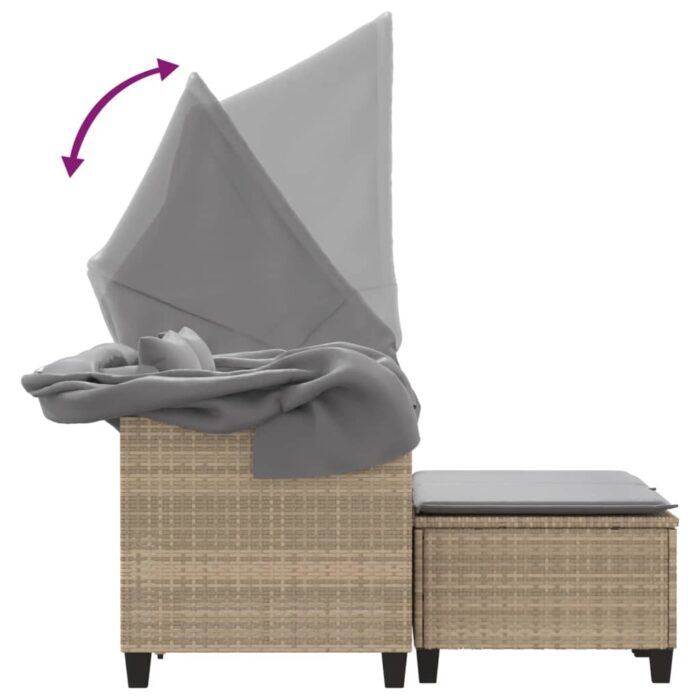 Canapé de jardin 2 places avec auvent et tabourets beige rotin – Image 6