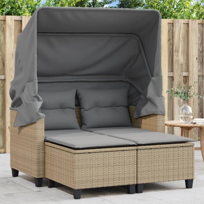 Canapé de jardin 2 places avec auvent et tabourets beige rotin – Image 1