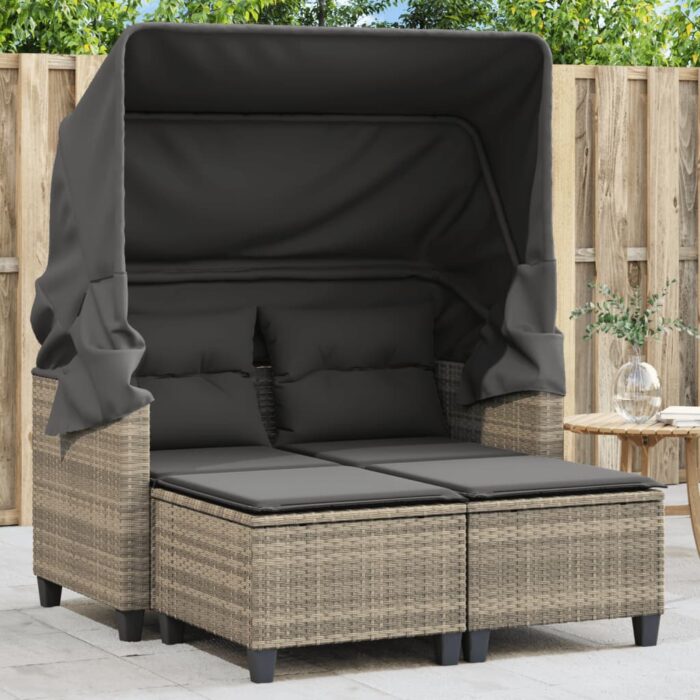Canapé de jardin 2 places et auvent tabourets gris clair rotin – Image 1