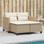 Canapé de jardin 2 places avec tabourets beige résine tressée