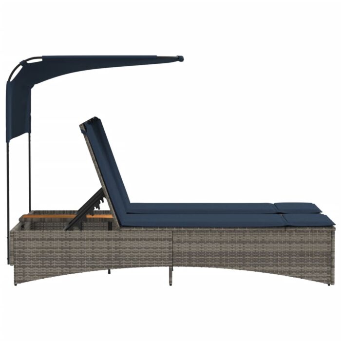 Chaise longue double avec auvent et coussins en polyrotin gris – Image 4