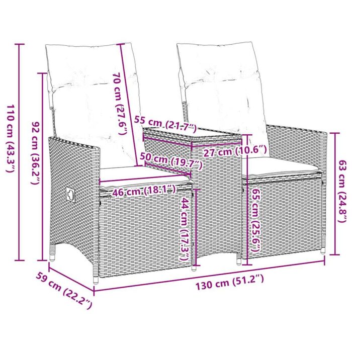 Canapé de jardin inclinable 2 places avec Table en résine tressée grise – Image 9