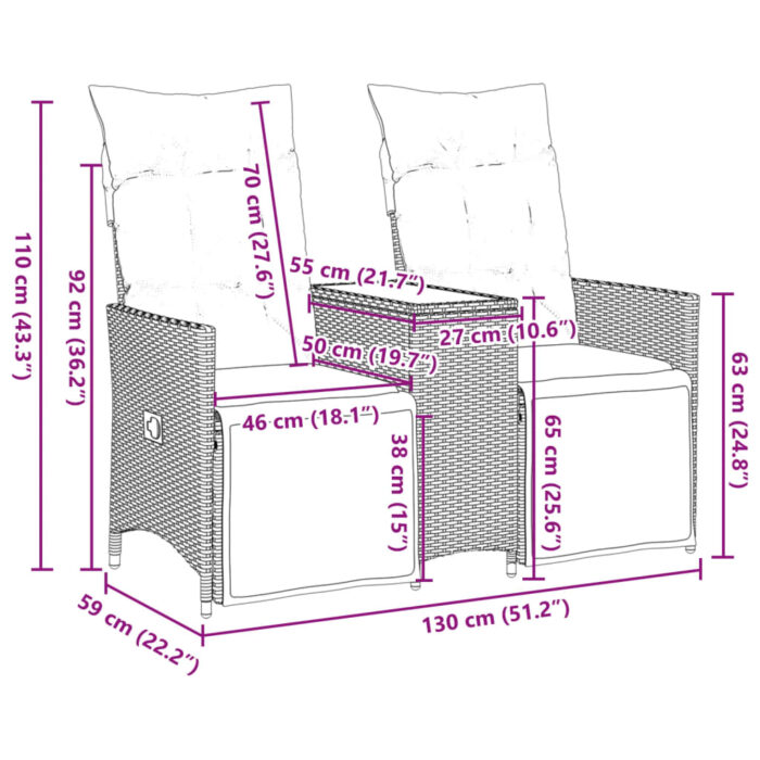 Canapé de jardin inclinable 2 places avec table beige rotin – Image 9