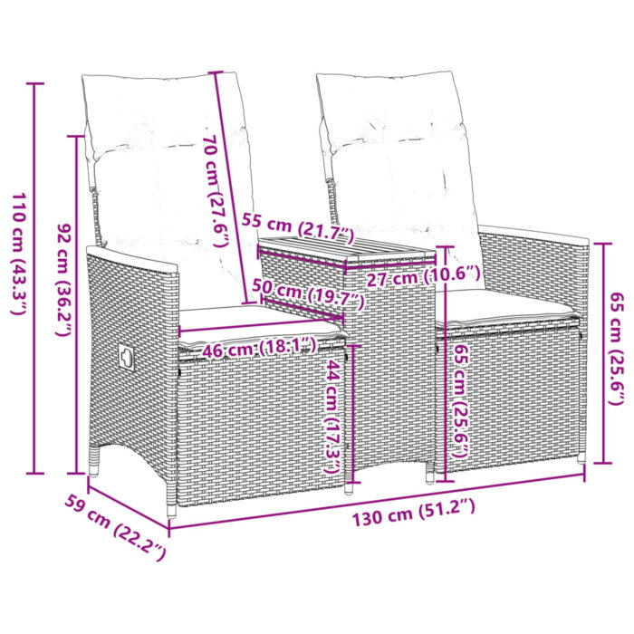 Canapé de jardin inclinable 2 places avec table noir poly rotin – Image 8