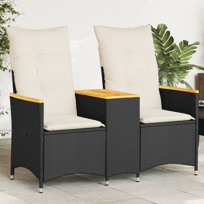Canapé de jardin inclinable 2 places avec table noir poly rotin – Image 1