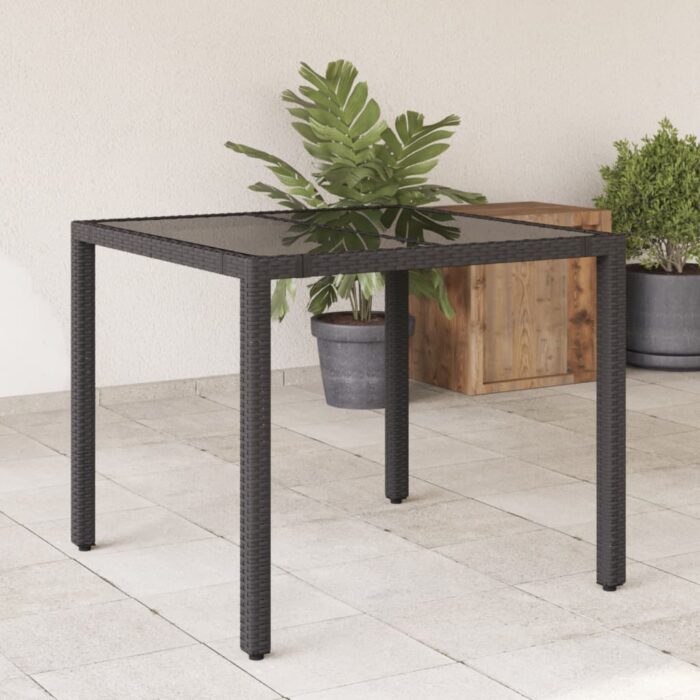 VXL8721012332836_m_en_hd_1.jpg Table de jardin dessus en verre Noir 90x90x75 cm Résine tressée – Image 1