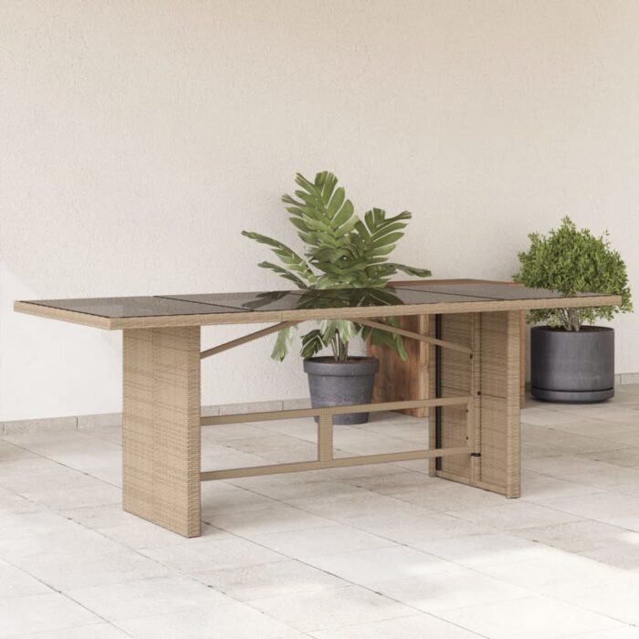 Table de jardin avec dessus en verre beige résine tressée – Image 1