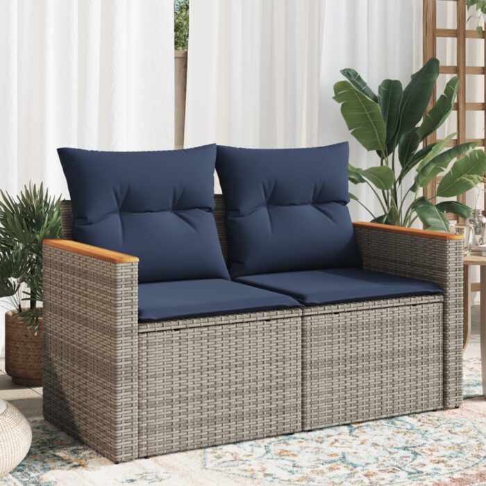 Canapé de jardin 2 places avec coussins gris résine tressée – Image 1