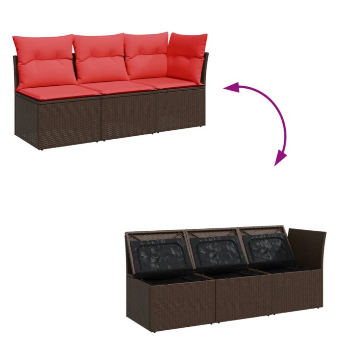 Canapé de jardin avec coussins 3 places brun résine tressée – Image 5
