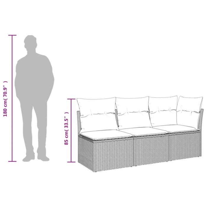 Canapé de jardin avec coussins 3 places brun résine tressée – Image 8