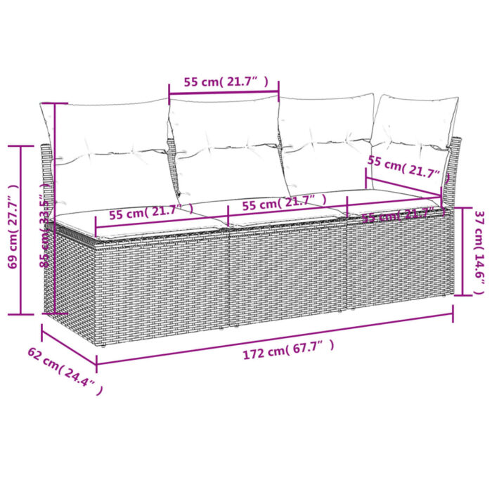 Canapé de jardin avec coussins 3 places brun résine tressée – Image 9