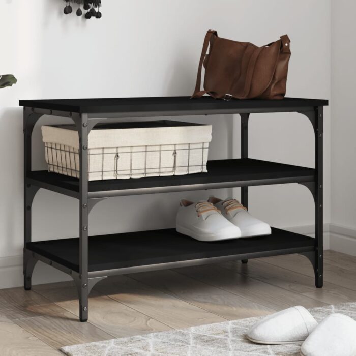 Banc à chaussures noir 70x38,5x49 cm bois d'ingénierie – Image 1