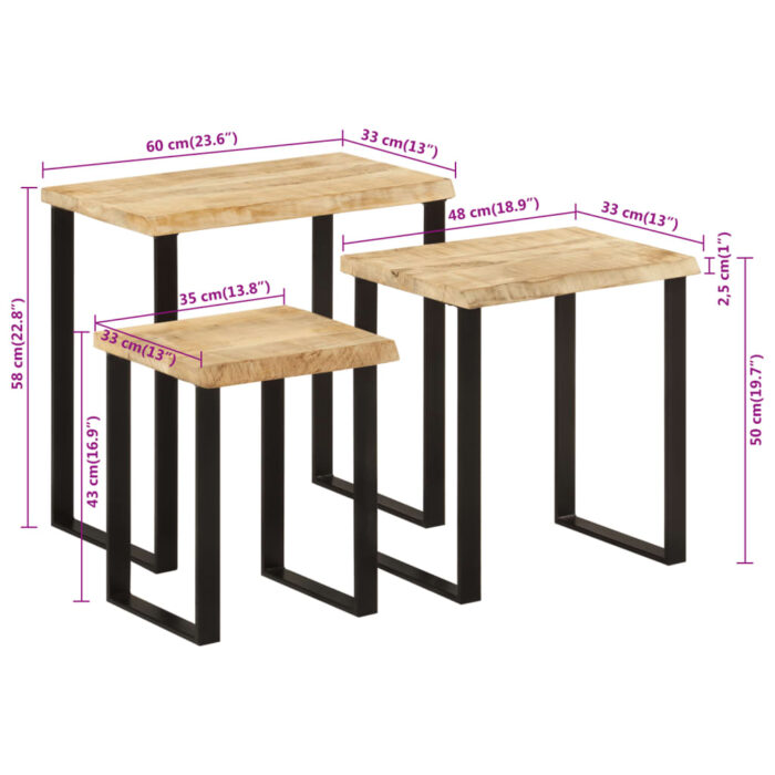 Tables gigognes 3 pcs avec bord vivant bois de manguier massif – Image 8
