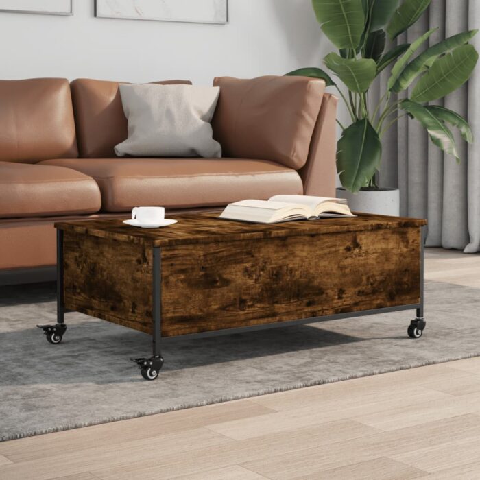Table basse avec roulettes chêne fumé bois d'ingénierie – Image 1