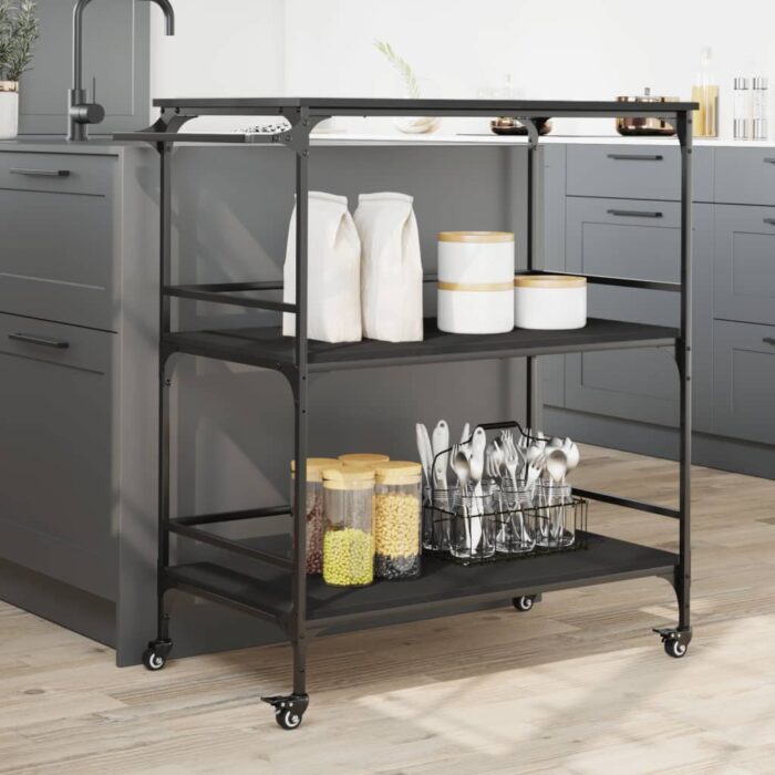Chariot de cuisine noir 100,5x50x105 cm bois d'ingénierie – Image 2