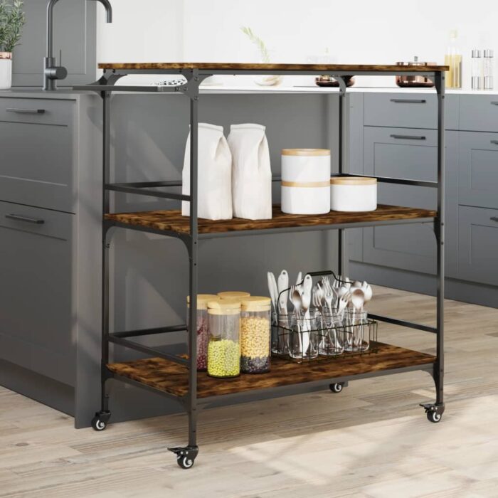 Chariot de cuisine chêne fumé 100,5x50x105 cm bois d'ingénierie – Image 2