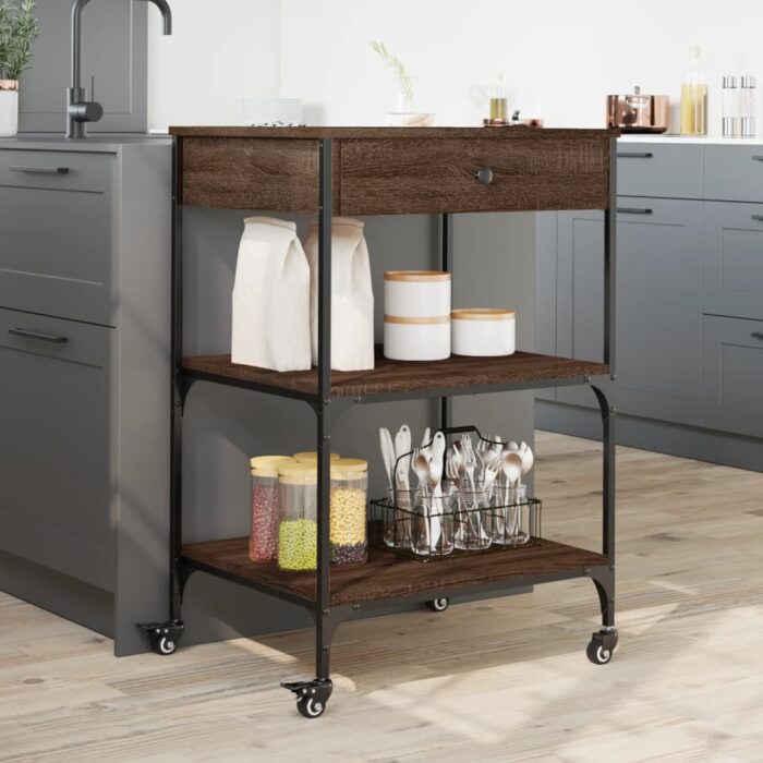 Chariot de cuisine chêne marron 60x48x89,5 cm bois d'ingénierie – Image 2