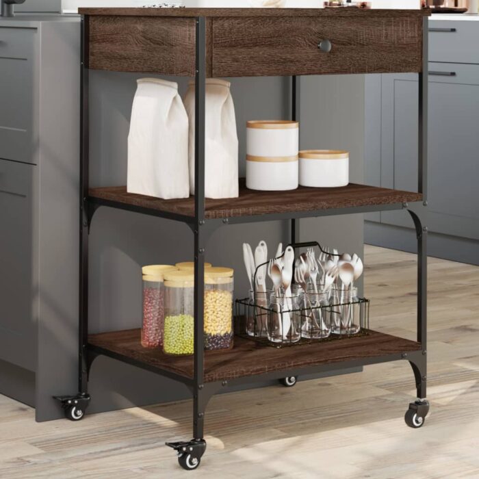 Chariot de cuisine chêne marron 60x48x89,5 cm bois d'ingénierie – Image 1