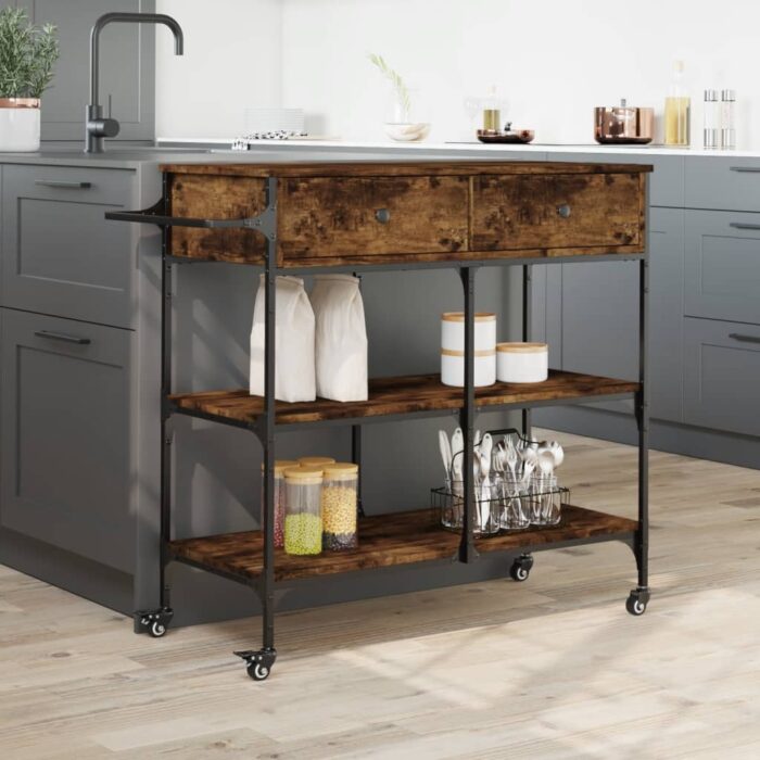 Chariot de cuisine chêne fumé 105x42x95 cm bois d'ingénierie – Image 2