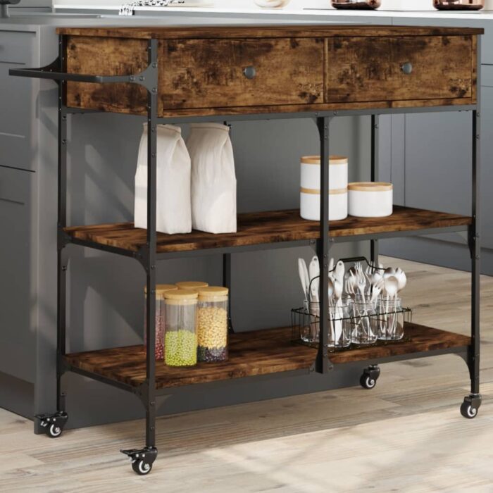 Chariot de cuisine chêne fumé 105x42x95 cm bois d'ingénierie – Image 1