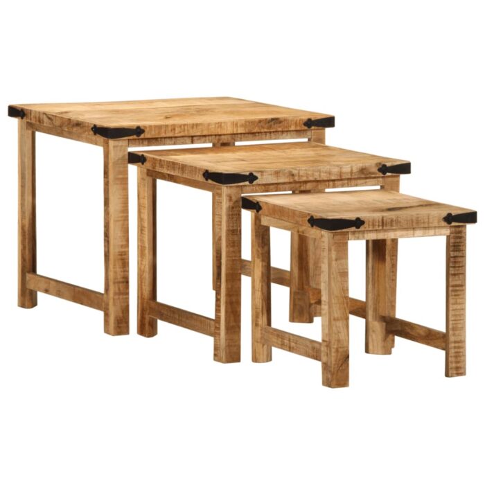 Tables d'appoint gigognes 3 pcs bois de manguier massif brut – Image 2
