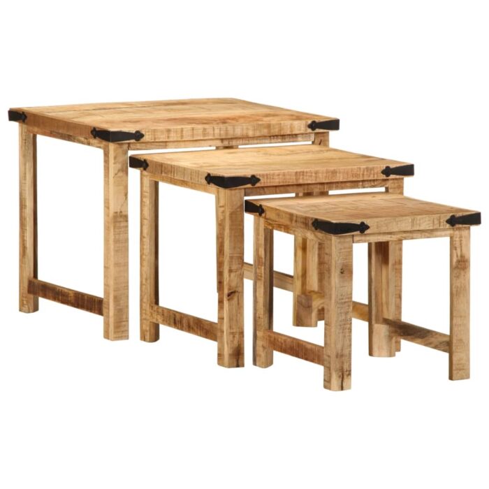Tables d'appoint gigognes 3 pcs bois de manguier massif brut – Image 3
