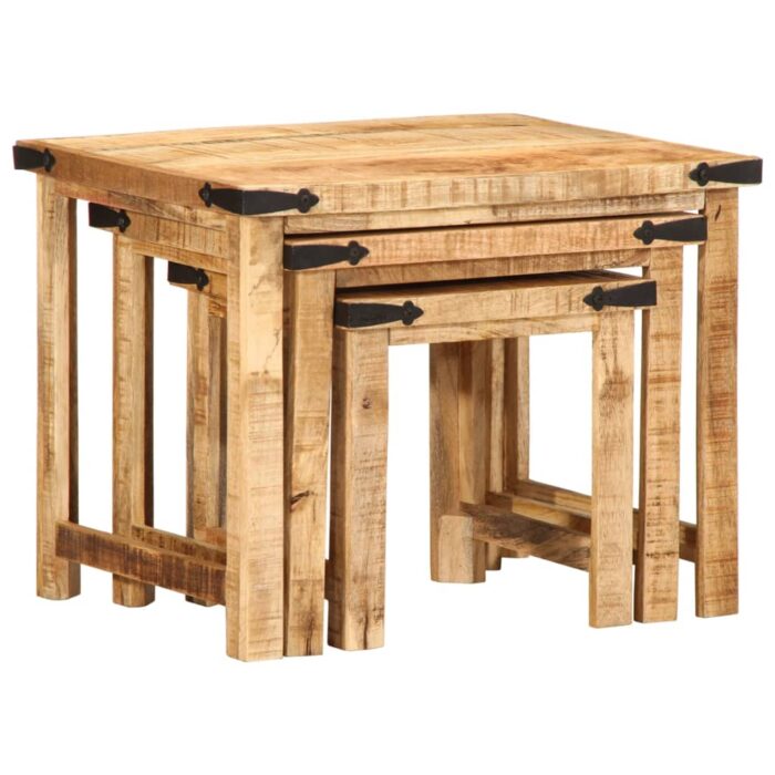 Tables d'appoint gigognes 3 pcs bois de manguier massif brut – Image 4