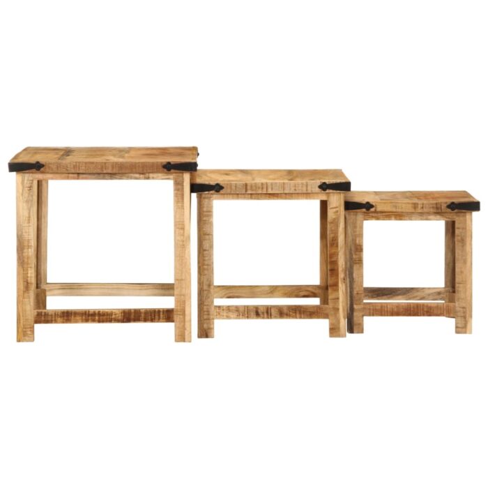 Tables d'appoint gigognes 3 pcs bois de manguier massif brut – Image 6
