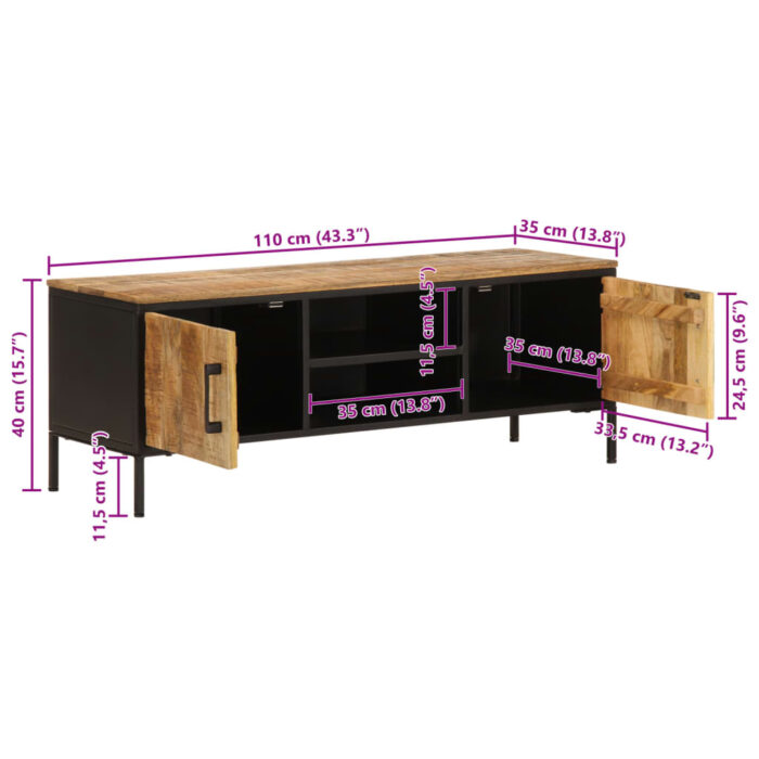 Meuble TV 110x35x40 cm bois massif de manguier brut – Image 12
