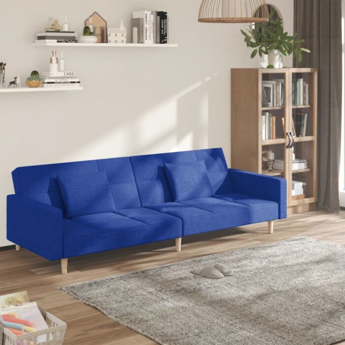 Canapé-lit à 2 places avec deux oreillers bleu tissu – Image 1