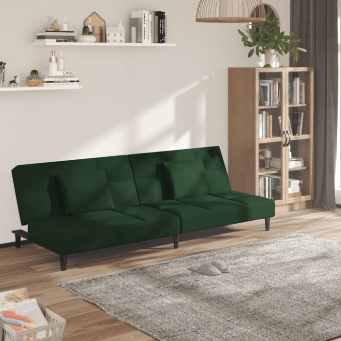 Canapé-lit à 2 places avec deux oreillers Vert foncé Velours – Image 1