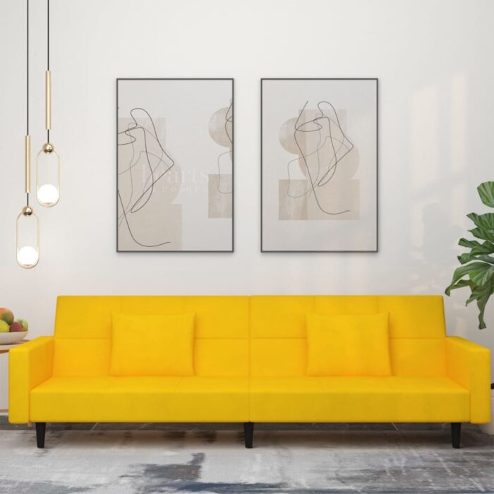 Canapé-lit à 2 places avec deux oreillers Jaune Velours – Image 1