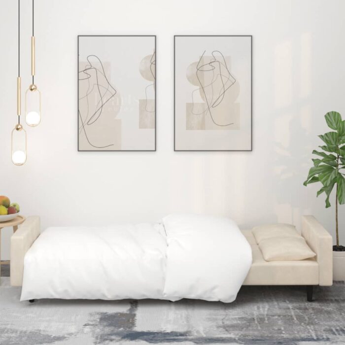 Canapé-lit à 2 places avec deux oreillers crème velours – Image 2