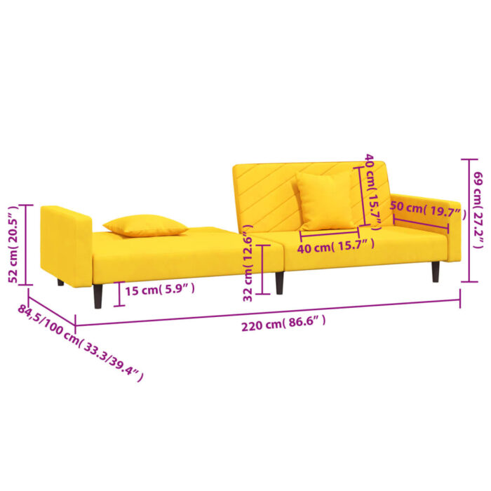 Canapé-lit à 2 places avec deux oreillers Jaune Velours – Image 9