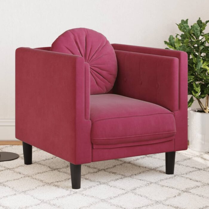 Fauteuil avec coussin rouge bordeaux velours – Image 1
