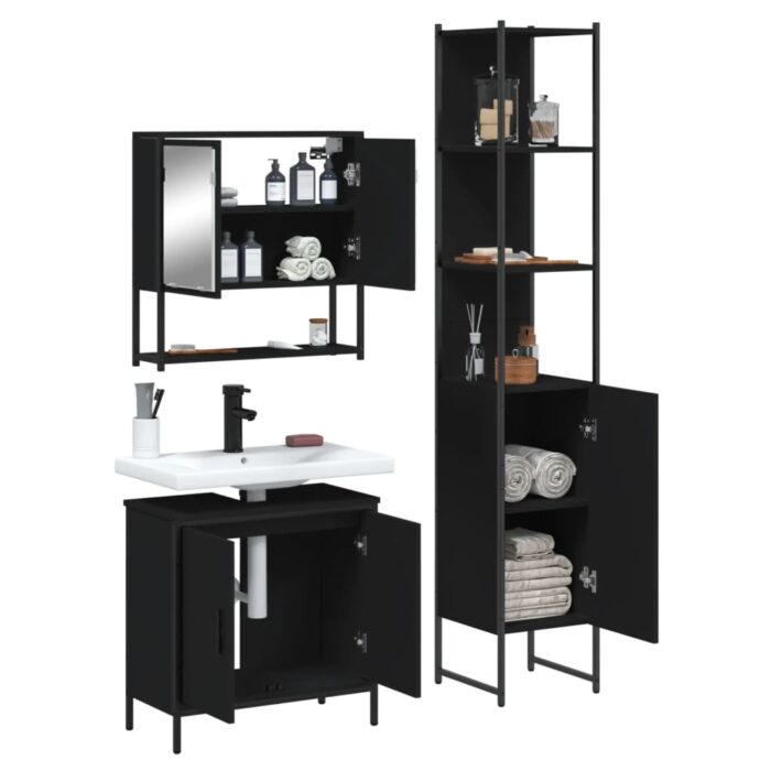 Ensemble de meubles salle de bain 3 pcs noir bois d'ingénierie – Image 2