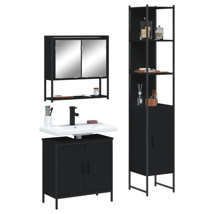 Ensemble de meubles salle de bain 3 pcs noir bois d'ingénierie – Image 1