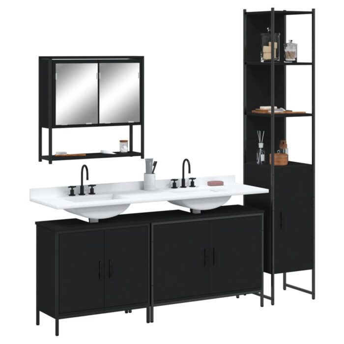 Ensemble de meubles salle de bain 4 pcs noir bois d'ingénierie – Image 1