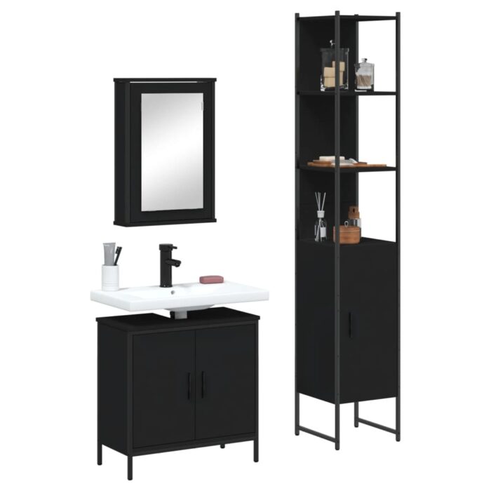 Ensemble de meubles salle de bain 3 pcs noir bois d'ingénierie – Image 1