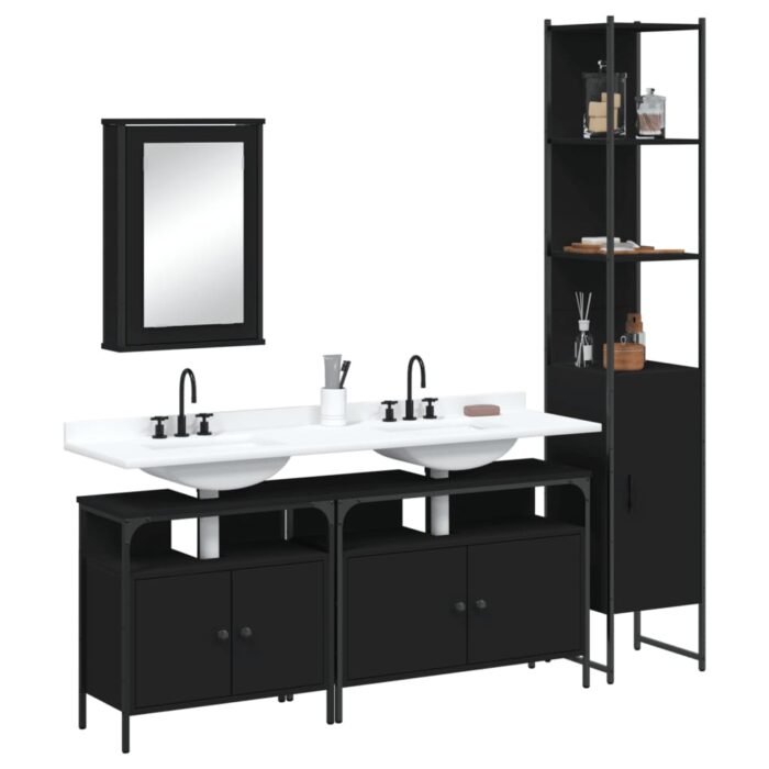 Ensemble de meubles salle de bain 4 pcs noir bois d'ingénierie – Image 1