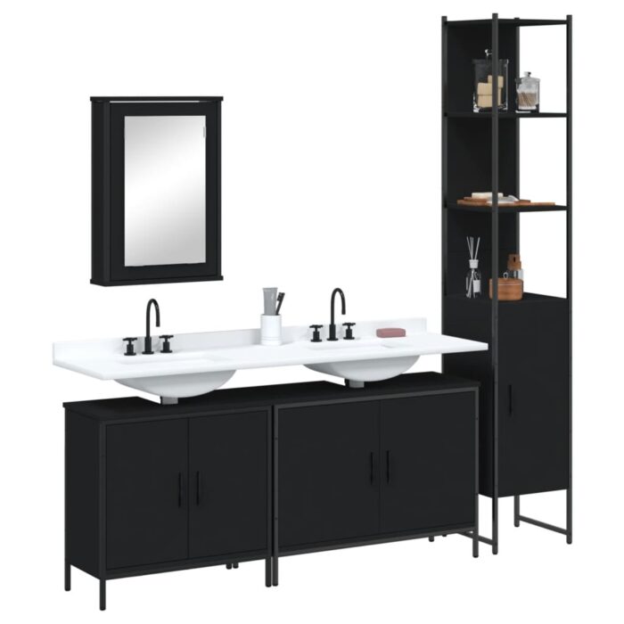 Ensemble de meubles salle de bain 4 pcs noir bois d'ingénierie – Image 1