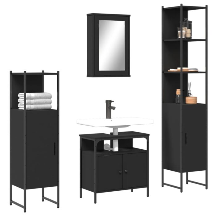 Ensemble de meubles salle de bain 4 pcs noir bois d'ingénierie – Image 1