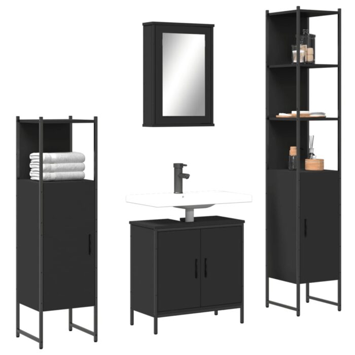 Ensemble de meubles salle de bain 4 pcs noir bois d'ingénierie – Image 1