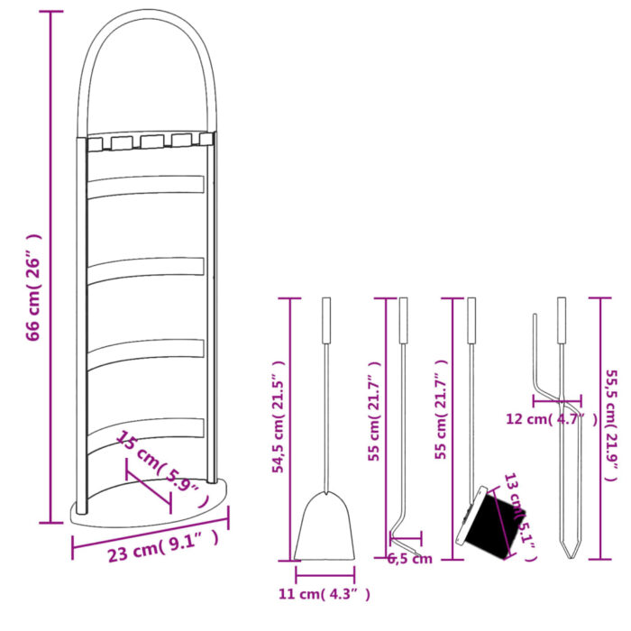 Set d’outils de cheminée 5 pcs 23x15x66 cm acier – Image 8