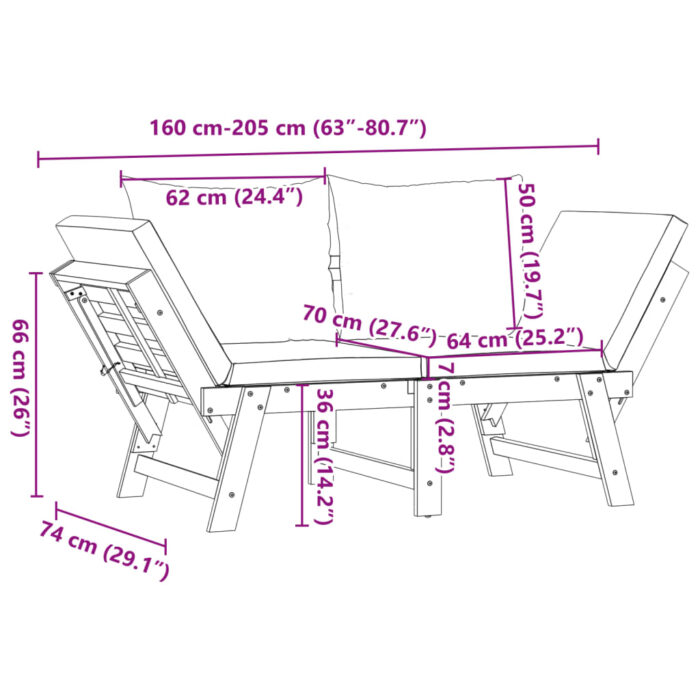Banc de jardin avec coussins 2 en 1 bois d'acacia massif – Image 8