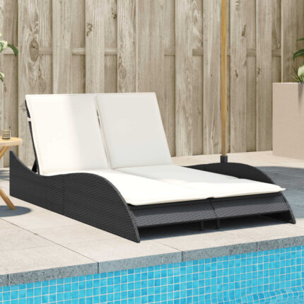 Chaise longue avec coussins noir 114x205x73 cm résine tressée
