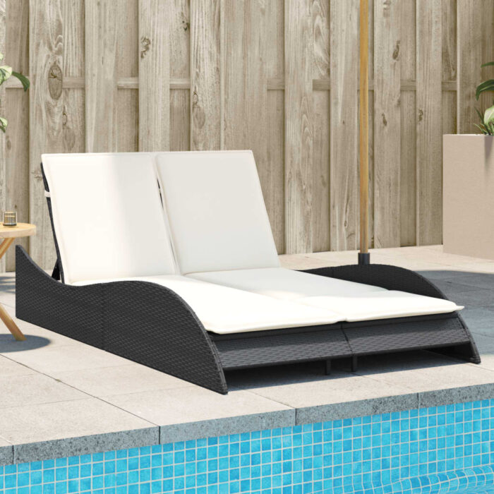 Chaise longue avec coussins noir 114x205x73 cm résine tressée – Image 1