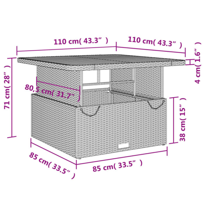 Table de jardin gris 110x110x71 cm Résine tressée bois d'acacia – Image 9