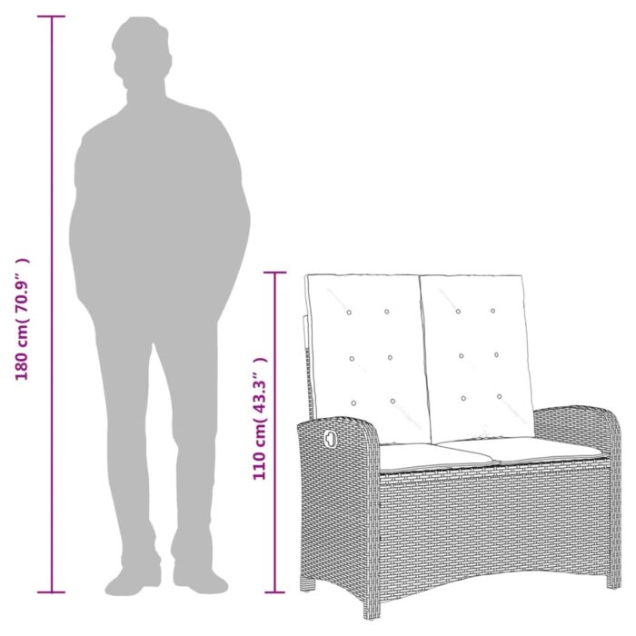 Banc inclinable de jardin avec coussins noir résine tressée – Image 7